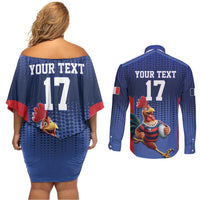 France Rugby Custom Couples Matching Off Shoulder Short Dress and Long Sleeve Button Shirt Come on Les Bleus Blue Style