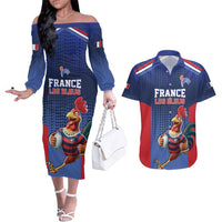 France Rugby Custom Couples Matching Off The Shoulder Long Sleeve Dress and Hawaiian Shirt Come on Les Bleus Blue Style