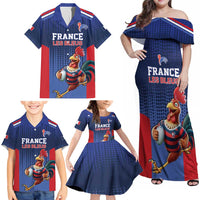 France Rugby Custom Family Matching Off Shoulder Maxi Dress and Hawaiian Shirt Come on Les Bleus Blue Style