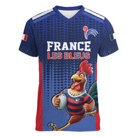 France Rugby Custom Women V-Neck T-Shirt Come on Les Bleus Blue Style
