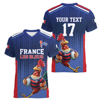 France Rugby Custom Women V-Neck T-Shirt Come on Les Bleus Blue Style