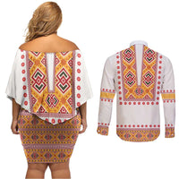 Slovakia Costume Couples Matching Off Shoulder Short Dress and Long Sleeve Button Shirt Traditional Folk Pattern