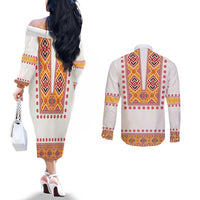 Slovakia Costume Couples Matching Off The Shoulder Long Sleeve Dress and Long Sleeve Button Shirt Traditional Folk Pattern