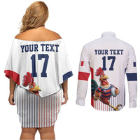 France Rugby Custom Couples Matching Off Shoulder Short Dress and Long Sleeve Button Shirt Come on Les Bleus White Style