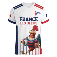 France Rugby Custom Women V-Neck T-Shirt Come on Les Bleus White Style