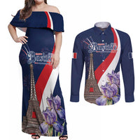 Personalized France Bastille Day Couples Matching Off Shoulder Maxi Dress and Long Sleeve Button Shirt Le 14 Juillet