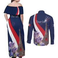 Personalized France Bastille Day Couples Matching Off Shoulder Maxi Dress and Long Sleeve Button Shirt Le 14 Juillet