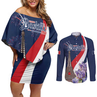 Personalized France Bastille Day Couples Matching Off Shoulder Short Dress and Long Sleeve Button Shirt Le 14 Juillet
