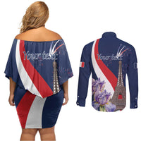 Personalized France Bastille Day Couples Matching Off Shoulder Short Dress and Long Sleeve Button Shirt Le 14 Juillet