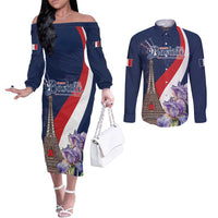 Personalized France Bastille Day Couples Matching Off The Shoulder Long Sleeve Dress and Long Sleeve Button Shirt Le 14 Juillet
