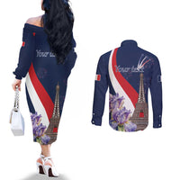 Personalized France Bastille Day Couples Matching Off The Shoulder Long Sleeve Dress and Long Sleeve Button Shirt Le 14 Juillet