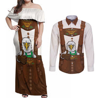 Lederhosen Costume Germany Couples Matching Off Shoulder Maxi Dress and Long Sleeve Button Shirt Bald Eagles With Traditional German Pattern