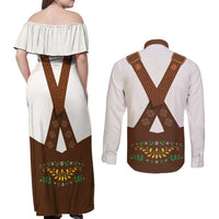 Lederhosen Costume Germany Couples Matching Off Shoulder Maxi Dress and Long Sleeve Button Shirt Bald Eagles With Traditional German Pattern