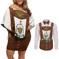 Lederhosen Costume Germany Couples Matching Off Shoulder Short Dress and Long Sleeve Button Shirt Bald Eagles With Traditional German Pattern