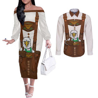 Lederhosen Costume Germany Couples Matching Off The Shoulder Long Sleeve Dress and Long Sleeve Button Shirt Bald Eagles With Traditional German Pattern