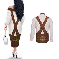 Lederhosen Costume Germany Couples Matching Off The Shoulder Long Sleeve Dress and Long Sleeve Button Shirt Bald Eagles With Traditional German Pattern