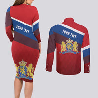 Personalized Netherlands Lion Couples Matching Long Sleeve Bodycon Dress and Long Sleeve Button Shirt Nederland Flag and Coat of Arms