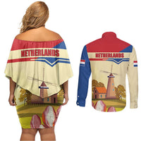 Netherlands Lion and Knight Couples Matching Off Shoulder Short Dress and Long Sleeve Button Shirt Tulips and Windmills