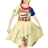 Netherlands Lion and Knight Kid Short Sleeve Dress Tulips and Windmills