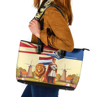 Netherlands Lion and Knight Leather Tote Bag Tulips and Windmills