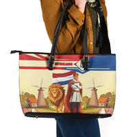 Netherlands Lion and Knight Leather Tote Bag Tulips and Windmills