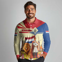 Netherlands Lion and Knight Long Sleeve Polo Shirt Tulips and Windmills