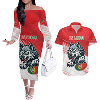 Custom Portugal Rugby Go Champions Couples Matching Off The Shoulder Long Sleeve Dress and Hawaiian Shirt Wolf Mascot Style