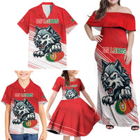 Custom Portugal Rugby Go Champions Family Matching Off Shoulder Maxi Dress and Hawaiian Shirt Wolf Mascot Style
