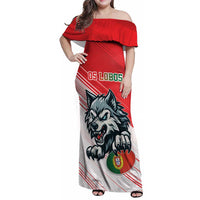 Custom Portugal Rugby Go Champions Family Matching Off Shoulder Maxi Dress and Hawaiian Shirt Wolf Mascot Style