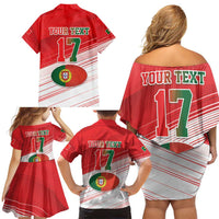 Custom Portugal Rugby Go Champions Family Matching Off Shoulder Short Dress and Hawaiian Shirt Wolf Mascot Style