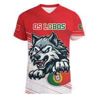 Custom Portugal Rugby Go Champions Women V-Neck T-Shirt Wolf Mascot Style
