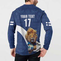 Custom Finland Football Lion Mascot Button Sweatshirt Huuhkajat with Finnish Folk Paterns