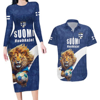 Custom Finland Football Lion Mascot Couples Matching Long Sleeve Bodycon Dress and Hawaiian Shirt Huuhkajat with Finnish Folk Paterns