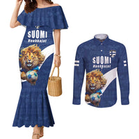 Custom Finland Football Lion Mascot Couples Matching Mermaid Dress and Long Sleeve Button Shirt Huuhkajat with Finnish Folk Paterns
