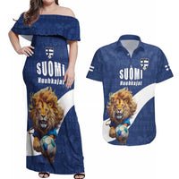 Custom Finland Football Lion Mascot Couples Matching Off Shoulder Maxi Dress and Hawaiian Shirt Huuhkajat with Finnish Folk Paterns