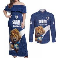 Custom Finland Football Lion Mascot Couples Matching Off Shoulder Maxi Dress and Long Sleeve Button Shirt Huuhkajat with Finnish Folk Paterns