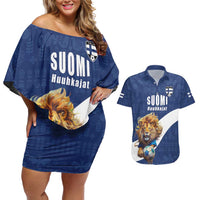 Custom Finland Football Lion Mascot Couples Matching Off Shoulder Short Dress and Hawaiian Shirt Huuhkajat with Finnish Folk Paterns