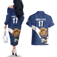 Custom Finland Football Lion Mascot Couples Matching Off The Shoulder Long Sleeve Dress and Hawaiian Shirt Huuhkajat with Finnish Folk Paterns