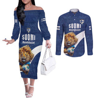 Custom Finland Football Lion Mascot Couples Matching Off The Shoulder Long Sleeve Dress and Long Sleeve Button Shirt Huuhkajat with Finnish Folk Paterns