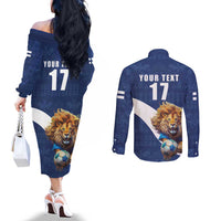 Custom Finland Football Lion Mascot Couples Matching Off The Shoulder Long Sleeve Dress and Long Sleeve Button Shirt Huuhkajat with Finnish Folk Paterns