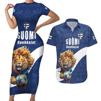 Custom Finland Football Lion Mascot Couples Matching Short Sleeve Bodycon Dress and Hawaiian Shirt Huuhkajat with Finnish Folk Paterns