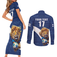 Custom Finland Football Lion Mascot Couples Matching Short Sleeve Bodycon Dress and Long Sleeve Button Shirt Huuhkajat with Finnish Folk Paterns