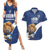 Custom Finland Football Lion Mascot Couples Matching Summer Maxi Dress and Hawaiian Shirt Huuhkajat with Finnish Folk Paterns