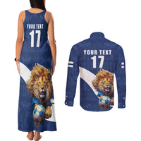 Custom Finland Football Lion Mascot Couples Matching Tank Maxi Dress and Long Sleeve Button Shirt Huuhkajat with Finnish Folk Paterns