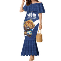 Custom Finland Football Lion Mascot Family Matching Mermaid Dress and Hawaiian Shirt Huuhkajat with Finnish Folk Paterns
