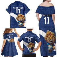 Custom Finland Football Lion Mascot Family Matching Off Shoulder Maxi Dress and Hawaiian Shirt Huuhkajat with Finnish Folk Paterns