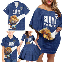 Custom Finland Football Lion Mascot Family Matching Off Shoulder Short Dress and Hawaiian Shirt Huuhkajat with Finnish Folk Paterns