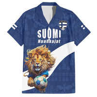 Custom Finland Football Lion Mascot Family Matching Off Shoulder Short Dress and Hawaiian Shirt Huuhkajat with Finnish Folk Paterns