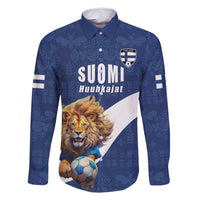 Custom Finland Football Lion Mascot Family Matching Off Shoulder Short Dress and Hawaiian Shirt Huuhkajat with Finnish Folk Paterns