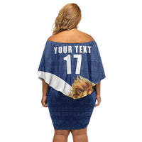 Custom Finland Football Lion Mascot Family Matching Off Shoulder Short Dress and Hawaiian Shirt Huuhkajat with Finnish Folk Paterns